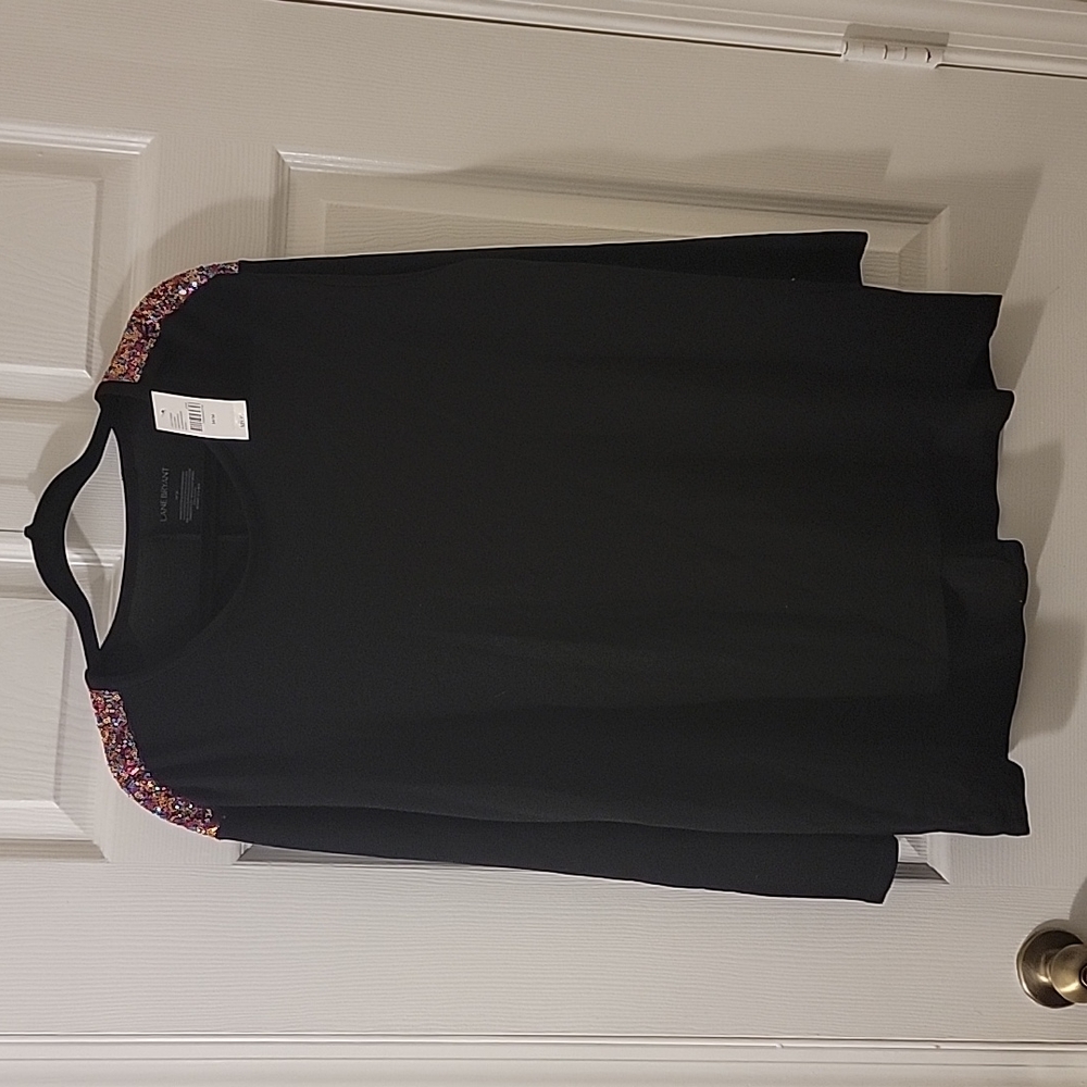 NWT Lane Bryant Black Knit Rainbow Sequin Shoulder Long SleeveTop Size 14/16